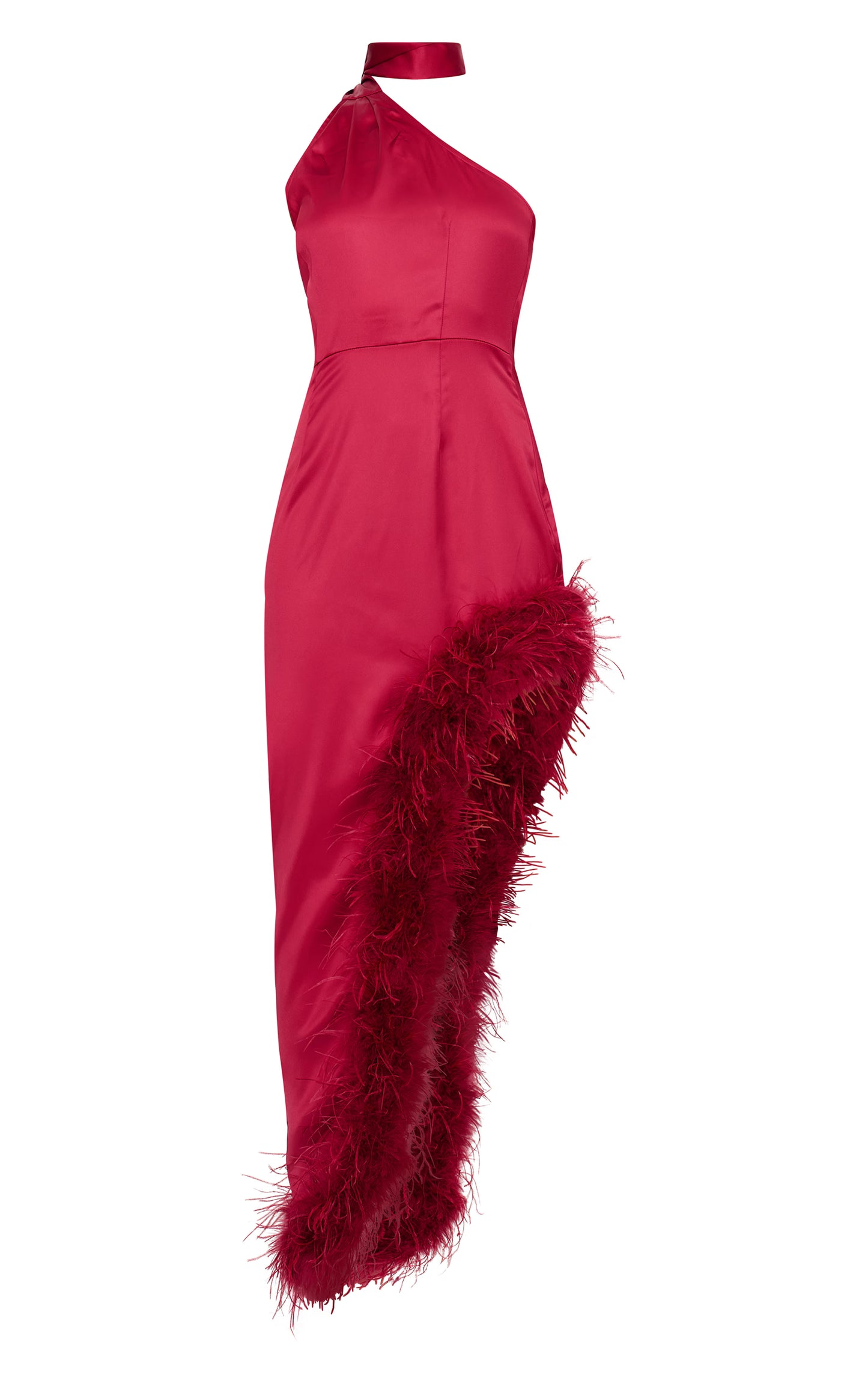 Red Satin High Neck Feather Trim Maxi Dress