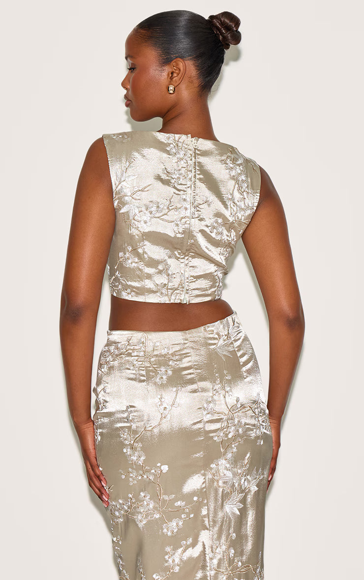 Pastel Green Floral Embroidered Racer Neck Crop Top
