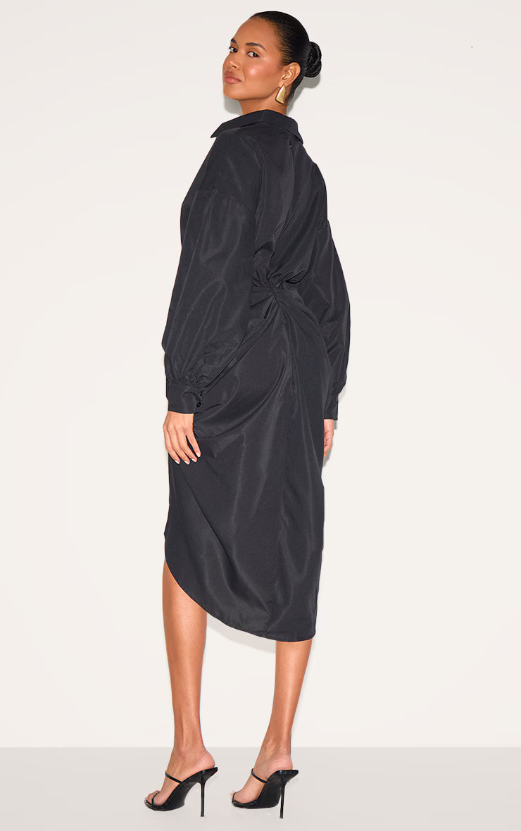Black Balloon Sleeve Gathered Skirt Midi Shirt Dress