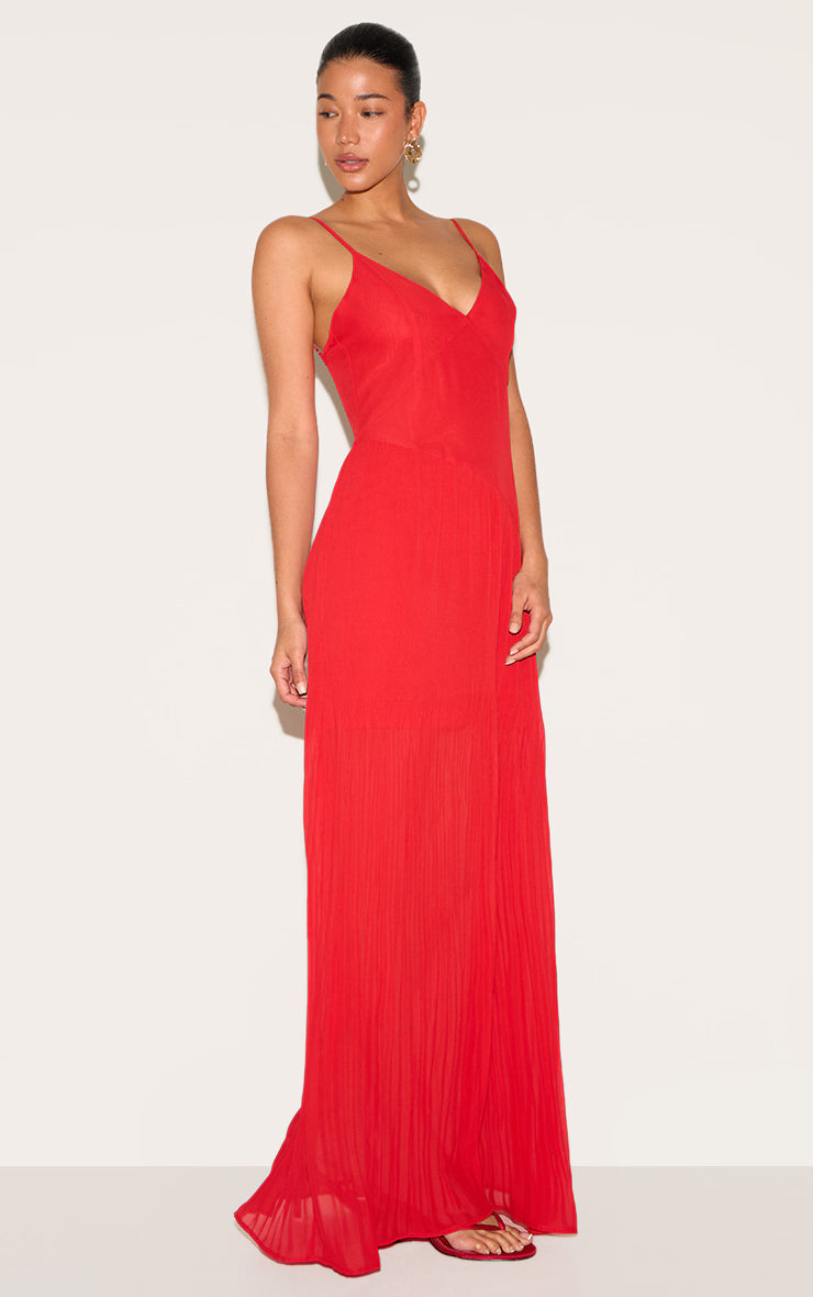 Red Woven Pleated Hem Detail Spaghetti Maxi Dress