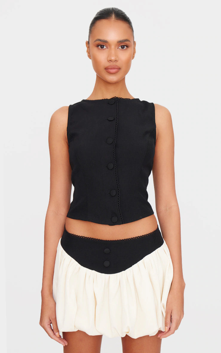 Black Woven Tailored Trim Detail Puff Ball Skirt