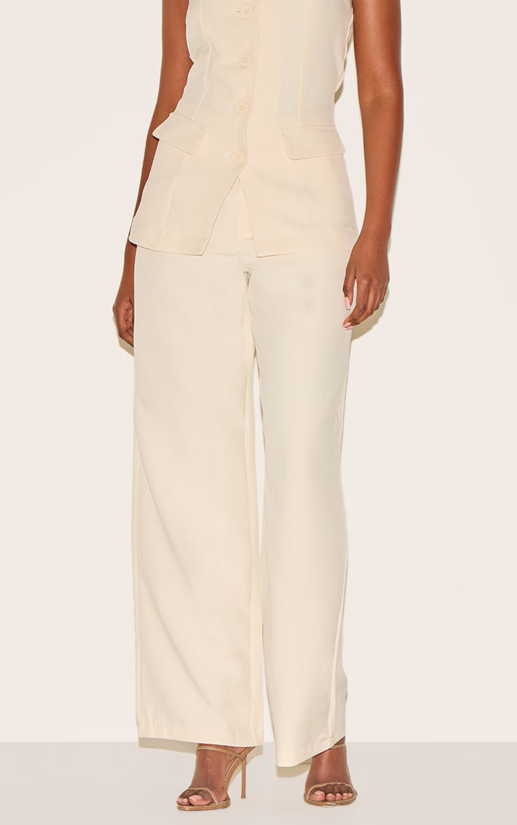 Premium Cream Tailored Woven High Waist Wide Leg Pants