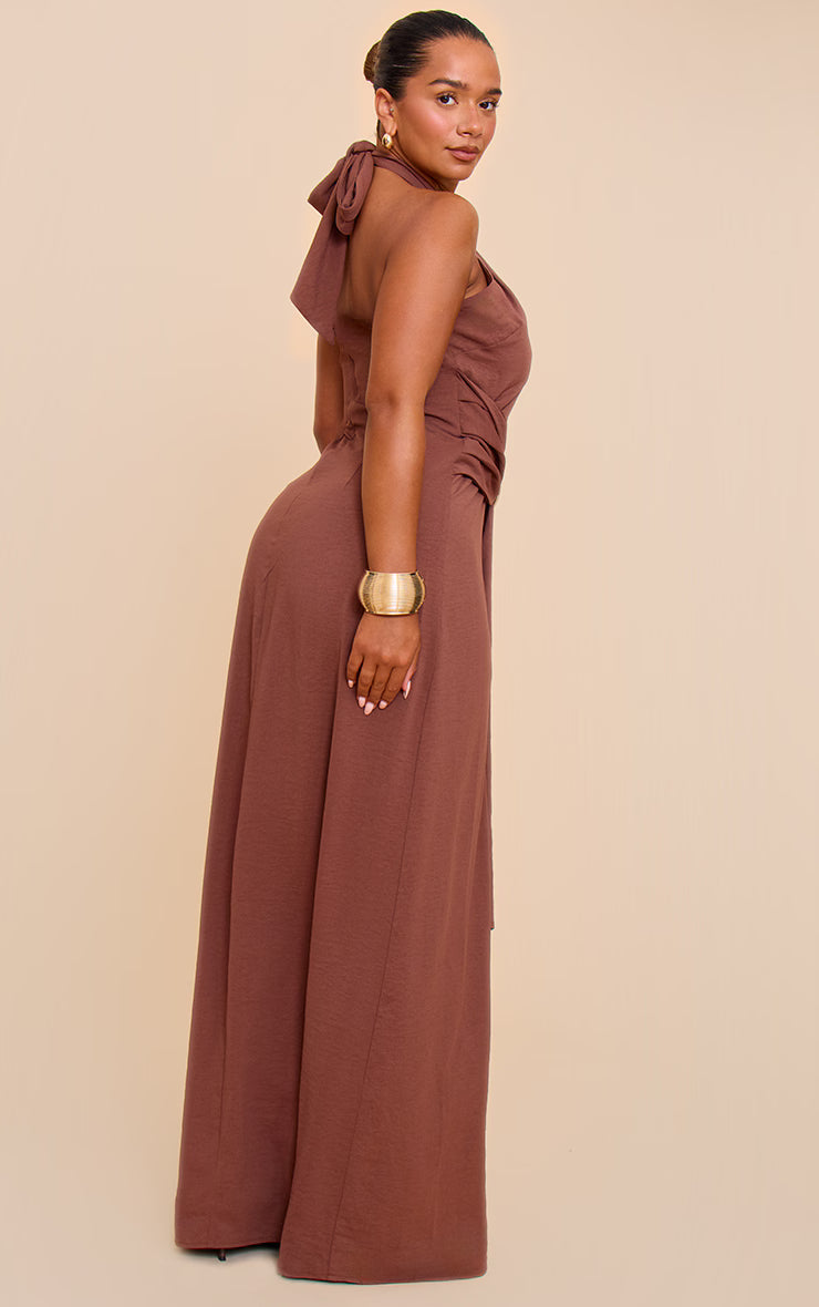 Shape Chocolate Hammered Satin Ring Detail Halter Maxi Dress