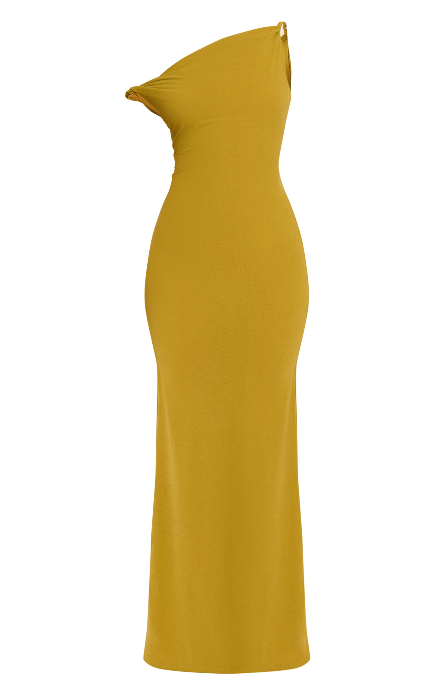 Olive Double Layered Chiffon Asymmetric Maxi Dress