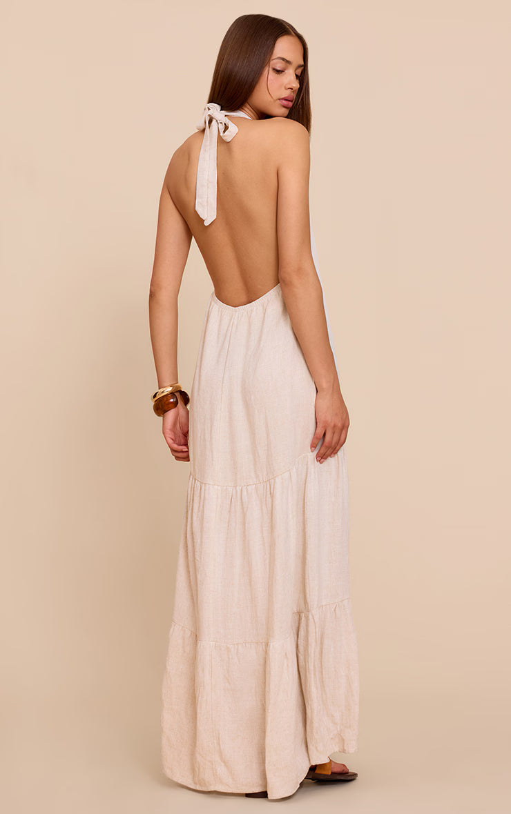 Natural Textured Halterneck Drop Waist Maxi Dress