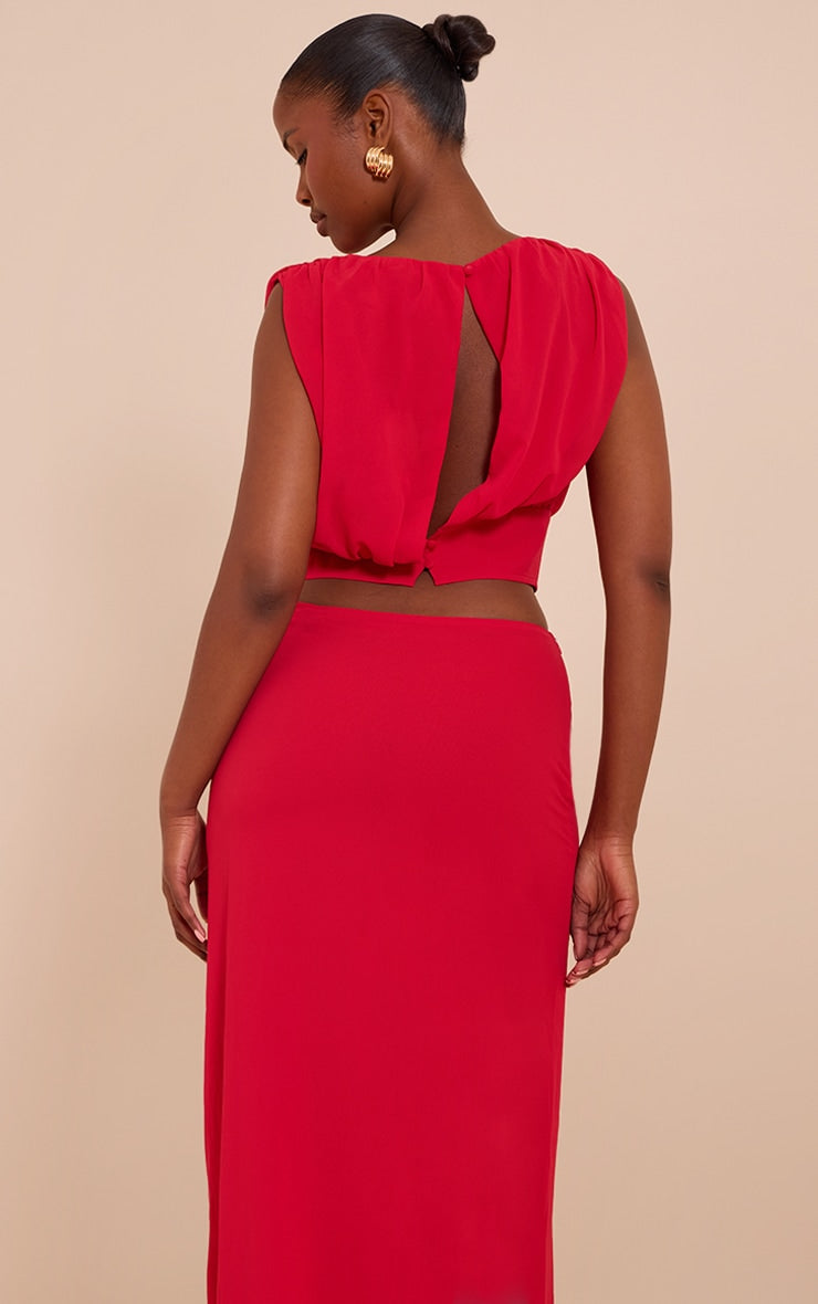 Tomato Red Chiffon Ruched Crop Top