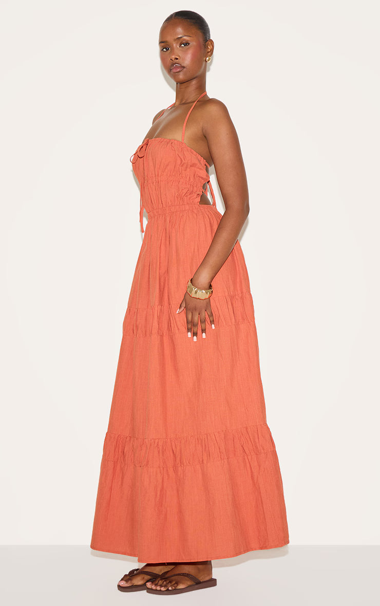 Rust Ruched Backless Strappy Maxi Dress