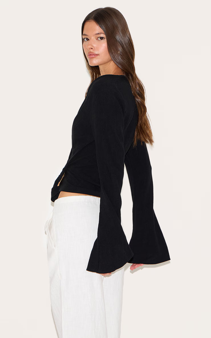 Black Linen Look Wrap Trim Tie Top