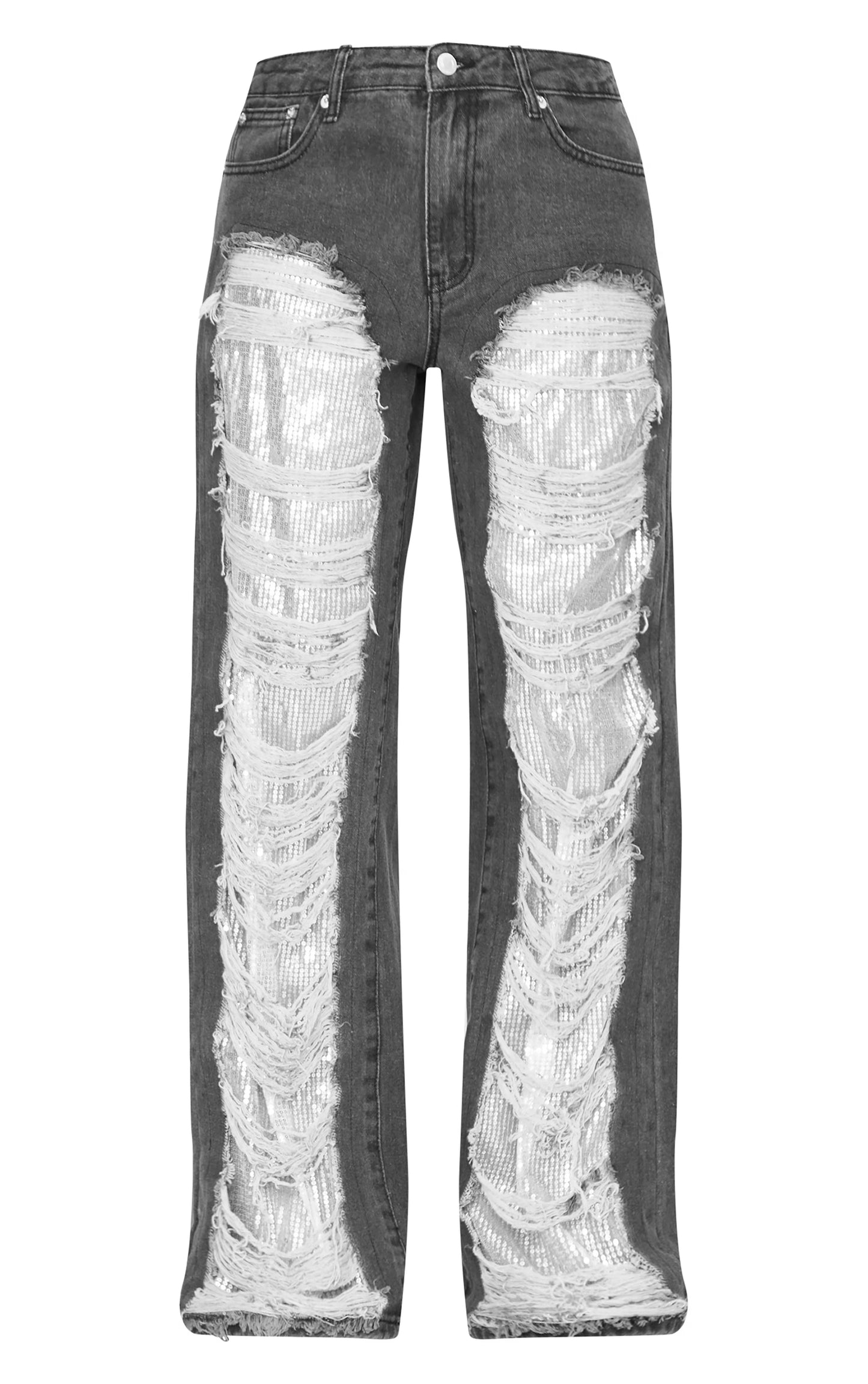 Washed Black Extreme Distressed Sequin Panel Straight Leg Jeans