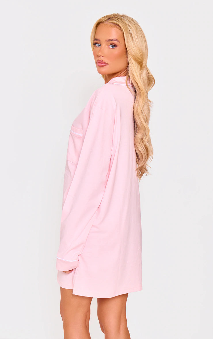 Baby Pink Jersey Piping Detail Long Sleeve Nightdress