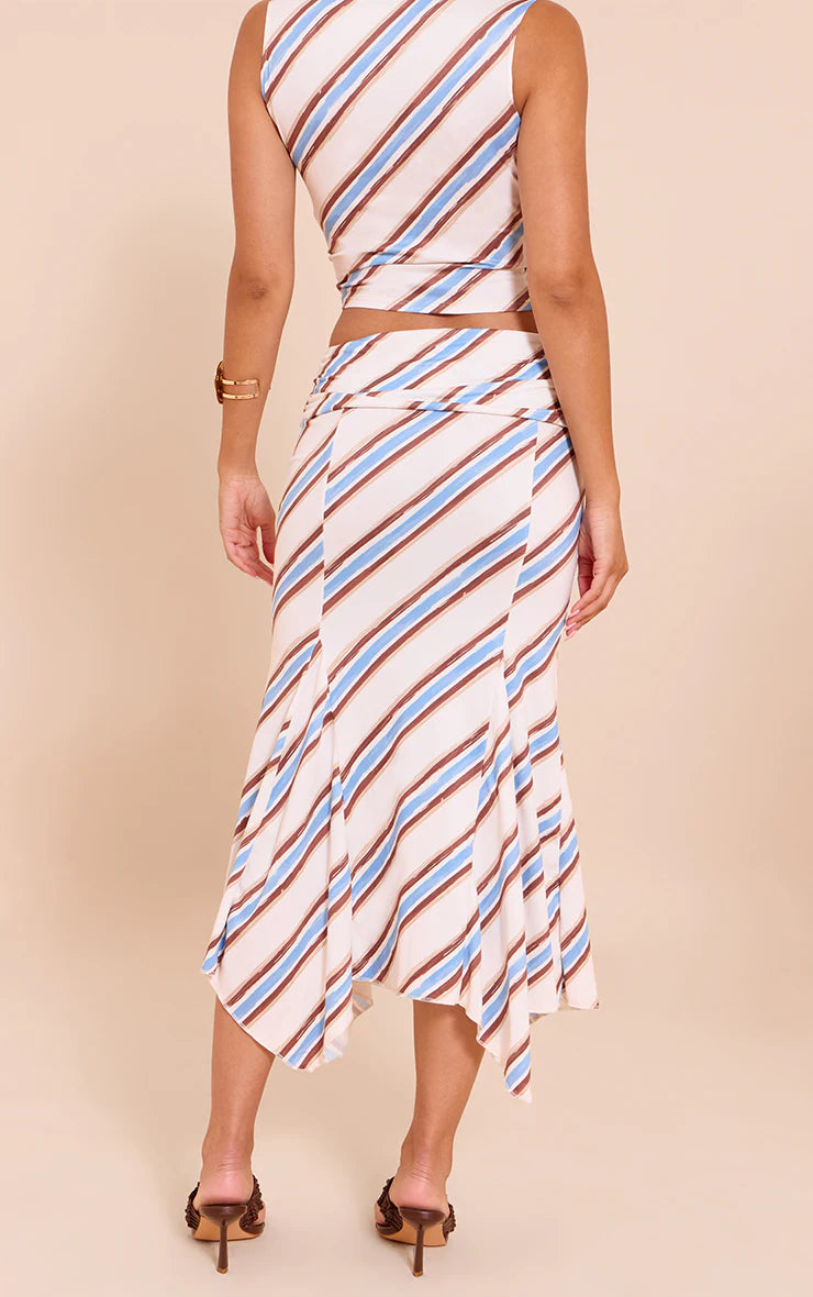 Cream Stripe Foldover Ruched Detail Midi Skirt