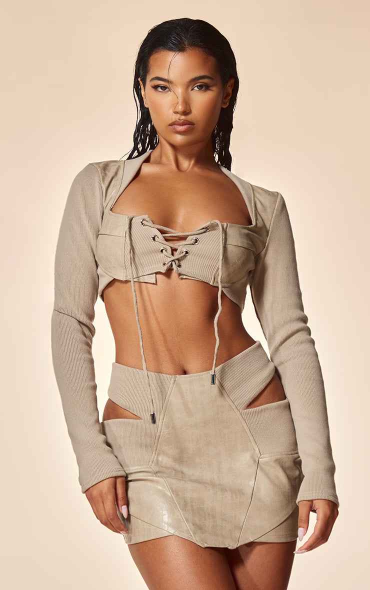 PLT Label Stone Cut Out Detail Faux Leather Mini Skirt