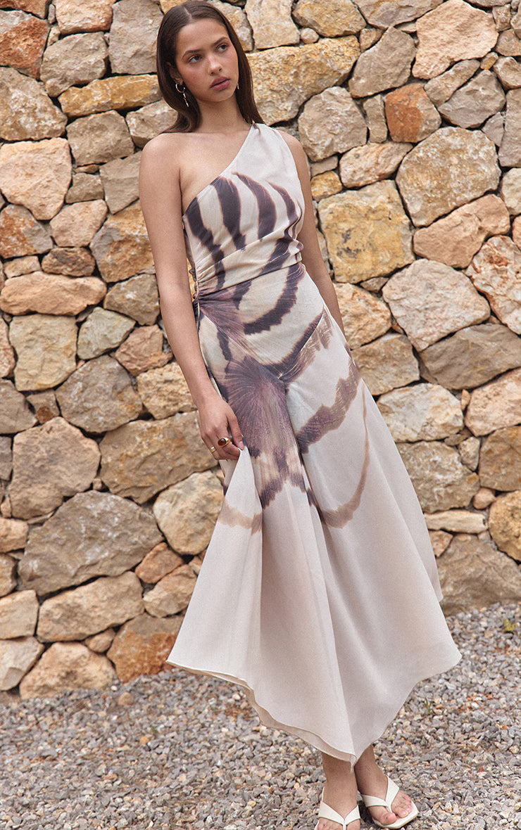 Almond Printed Chiffon One Shoulder Maxi Dress