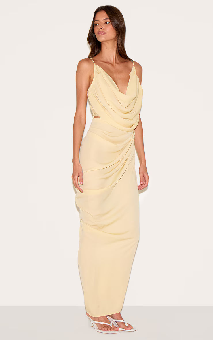 Butter Yellow Chiffon Drape Cut Out Midaxi Dress