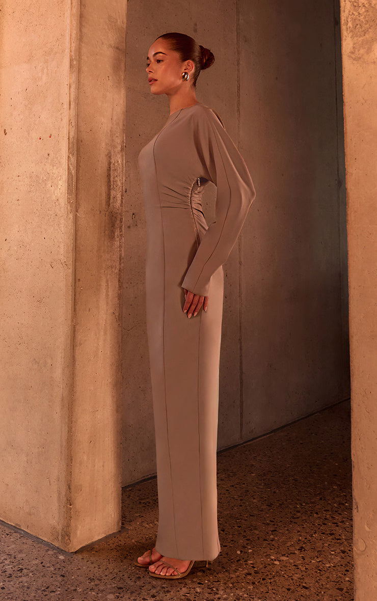 PLT Label Taupe Asymmetric Batwing Sleeved Cinched Waist Maxi Dress
