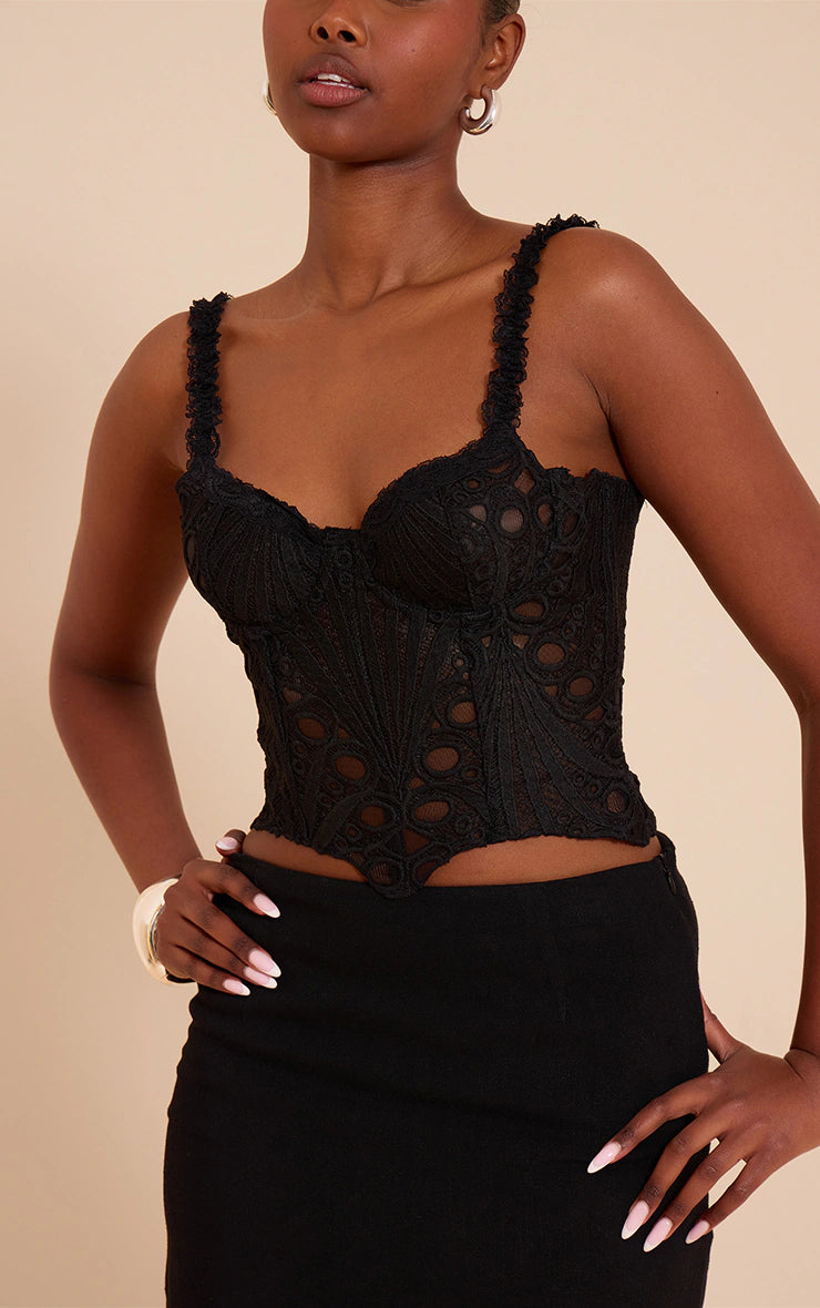 Black Strappy Textured Sheer Floral Lace Corset
