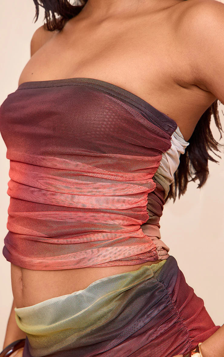 Orange Abstract Print Chiffon Mesh Bandeau Top