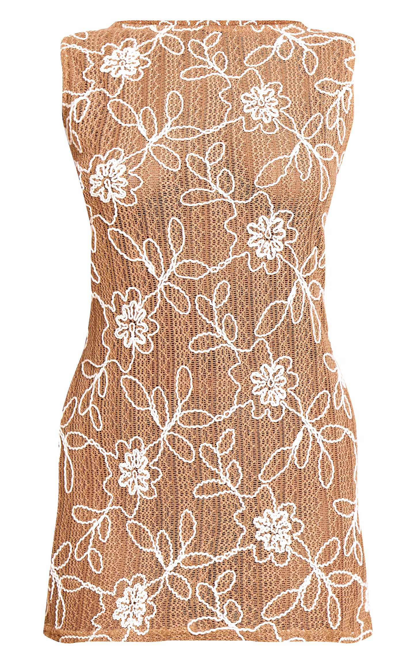 Tan Textured Floral Boat Neck Shift Dress