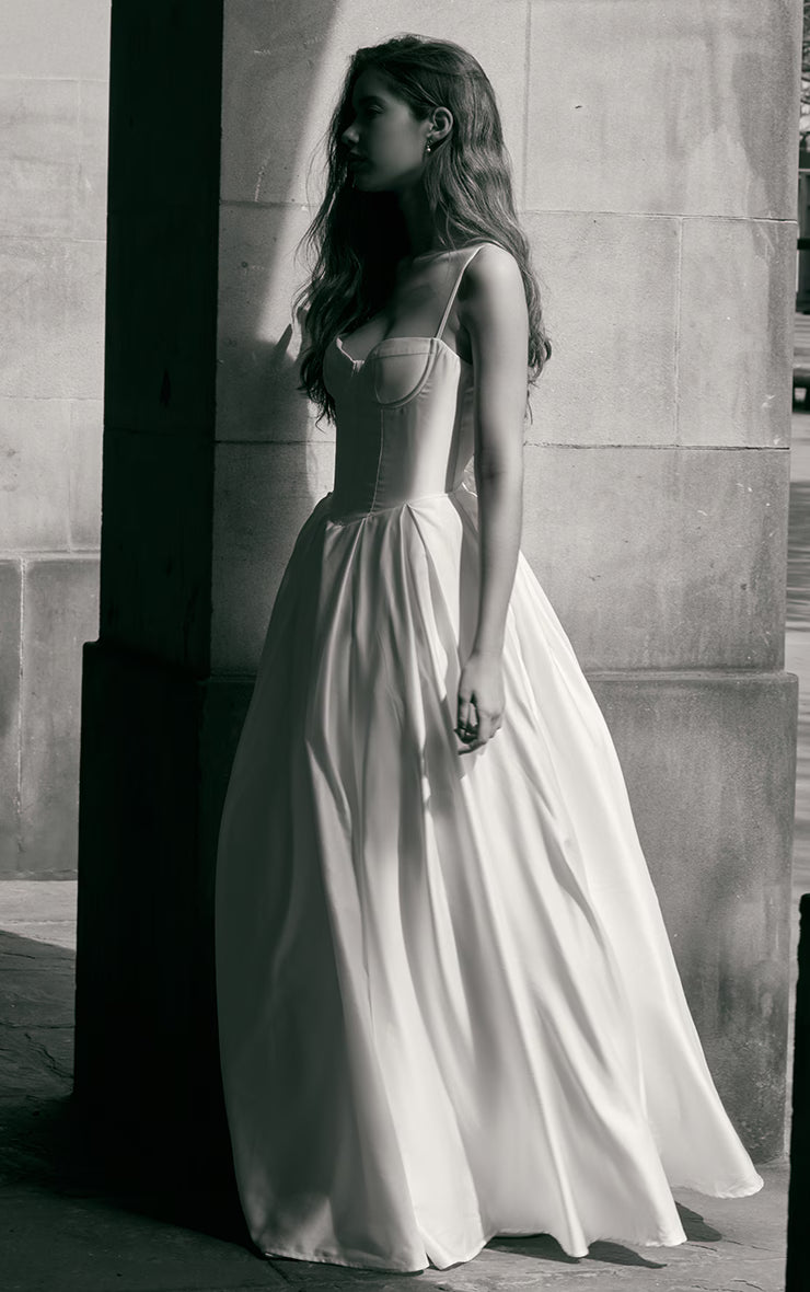 Premium White Satin Corset Skater Maxi Dress