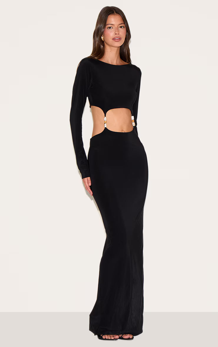 Black Double Slinky Trim Detail Cut Out Maxi Dress