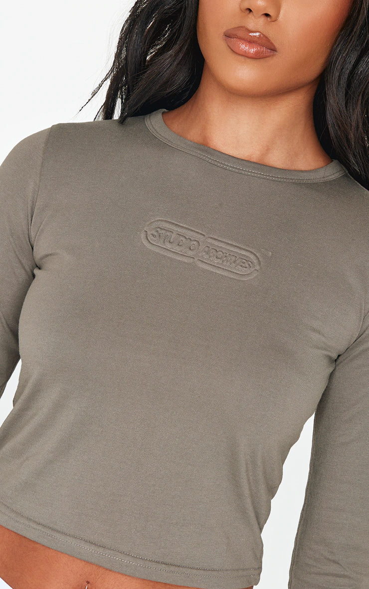 Sage Khaki Embossed Studio Archives Long Sleeve Baby T Shirt