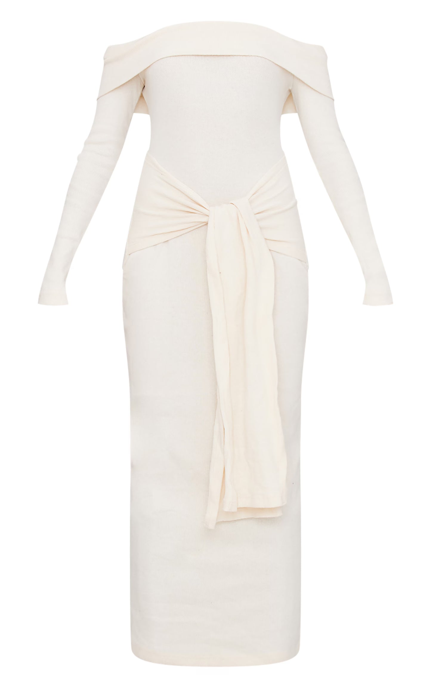 Cream Heavy Brushed Rib Bardot Wrap Detail Maxi Dress