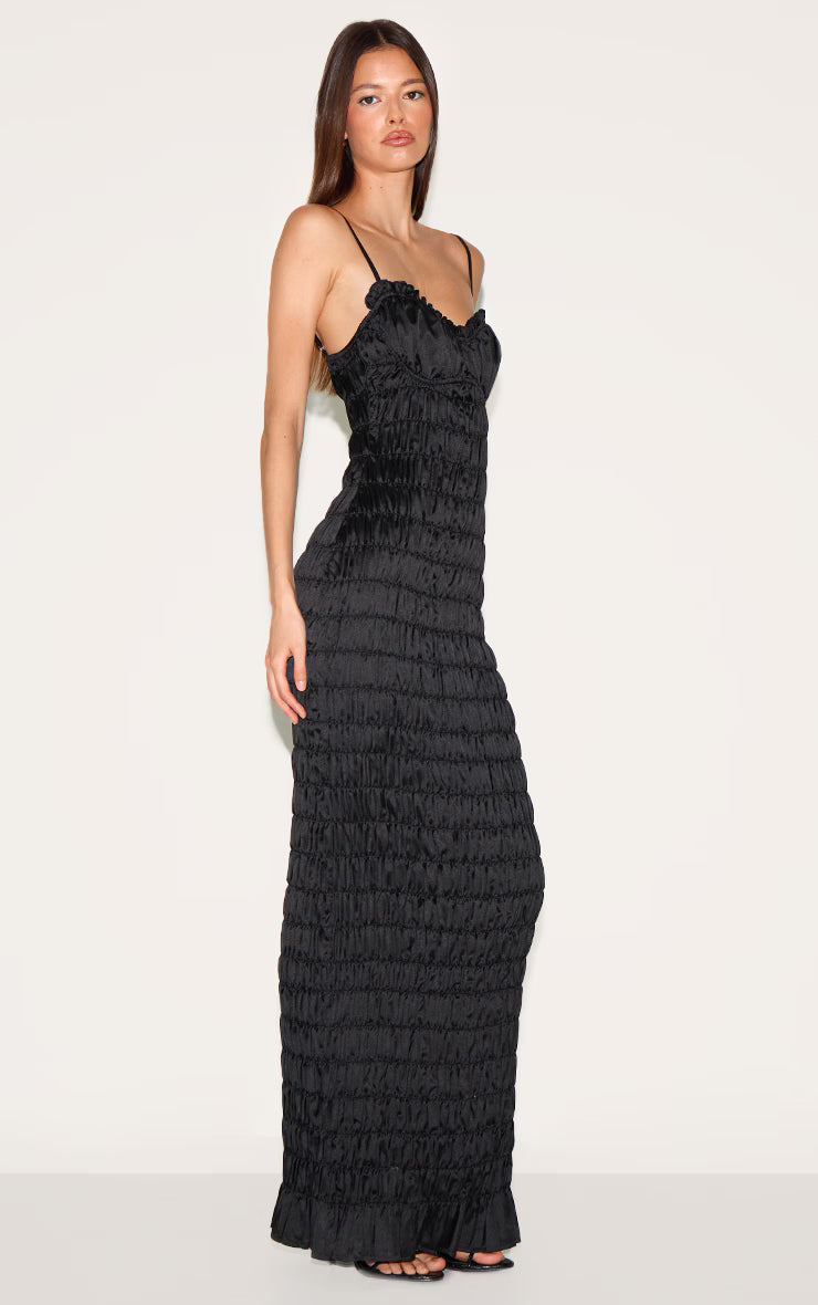 Black Satin Ruched Underwired Maxi Dress