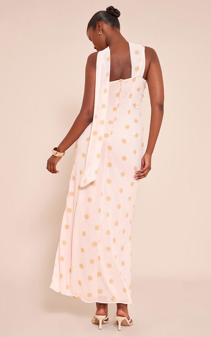 Lemon Polka Dot Printed Chiffon Frill Details Strappy Maxi Dress