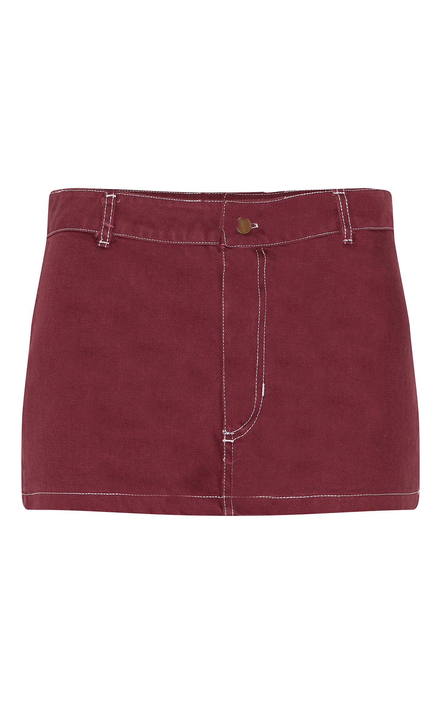 Burgundy Contrast Stitch Denim Mini Skirt