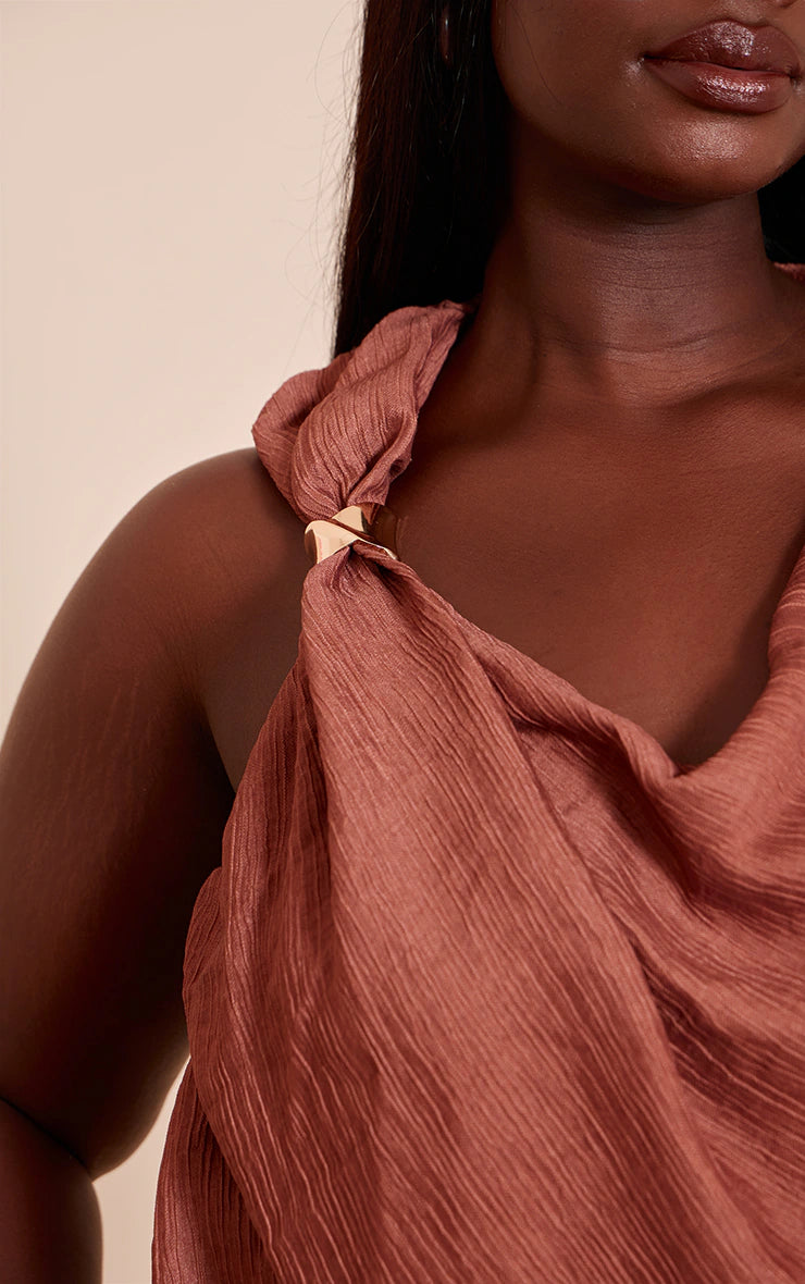 Plus Brown Textured Woven Trim Drape Top