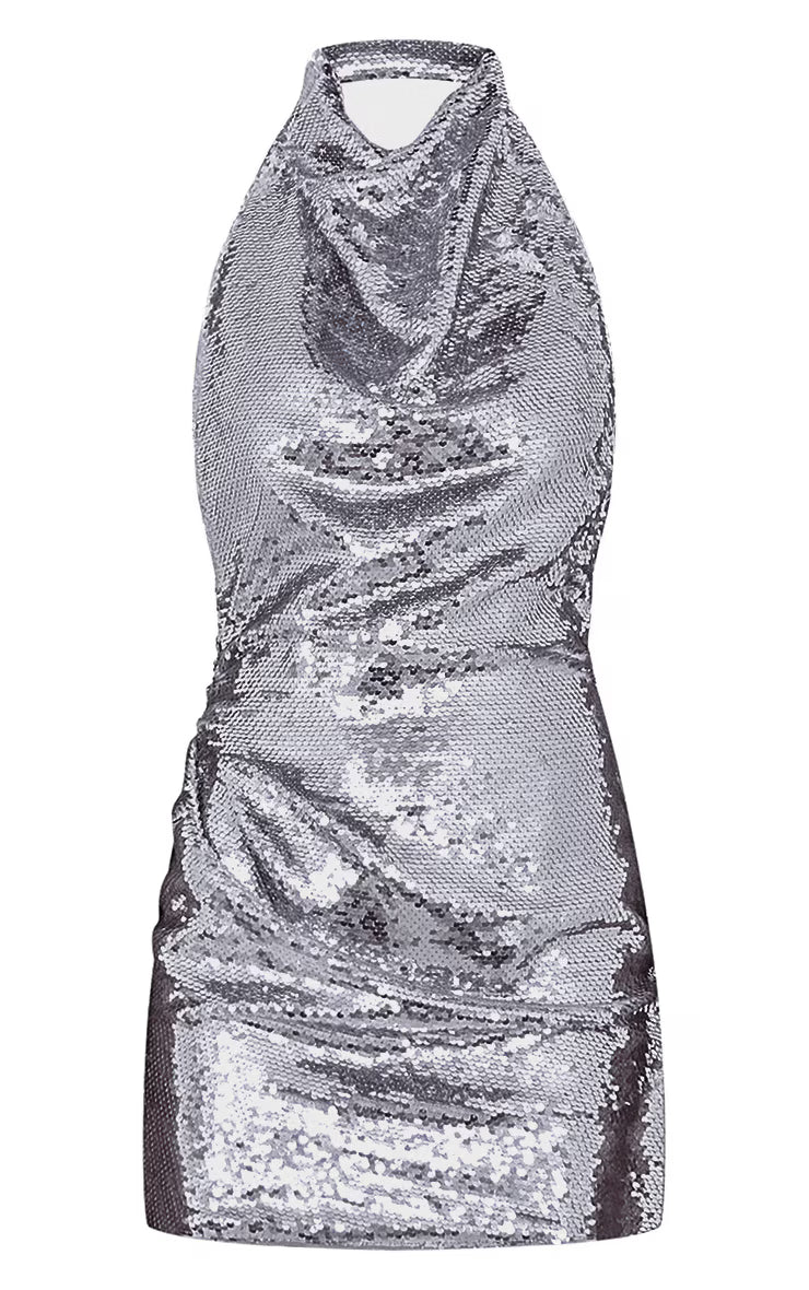 Silver Sequin High Neck Backless Bodycon Dress