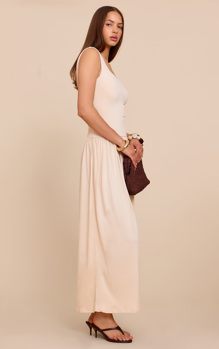 Almond Double Contour Scoop Neck Drop Waist Maxi Dress
