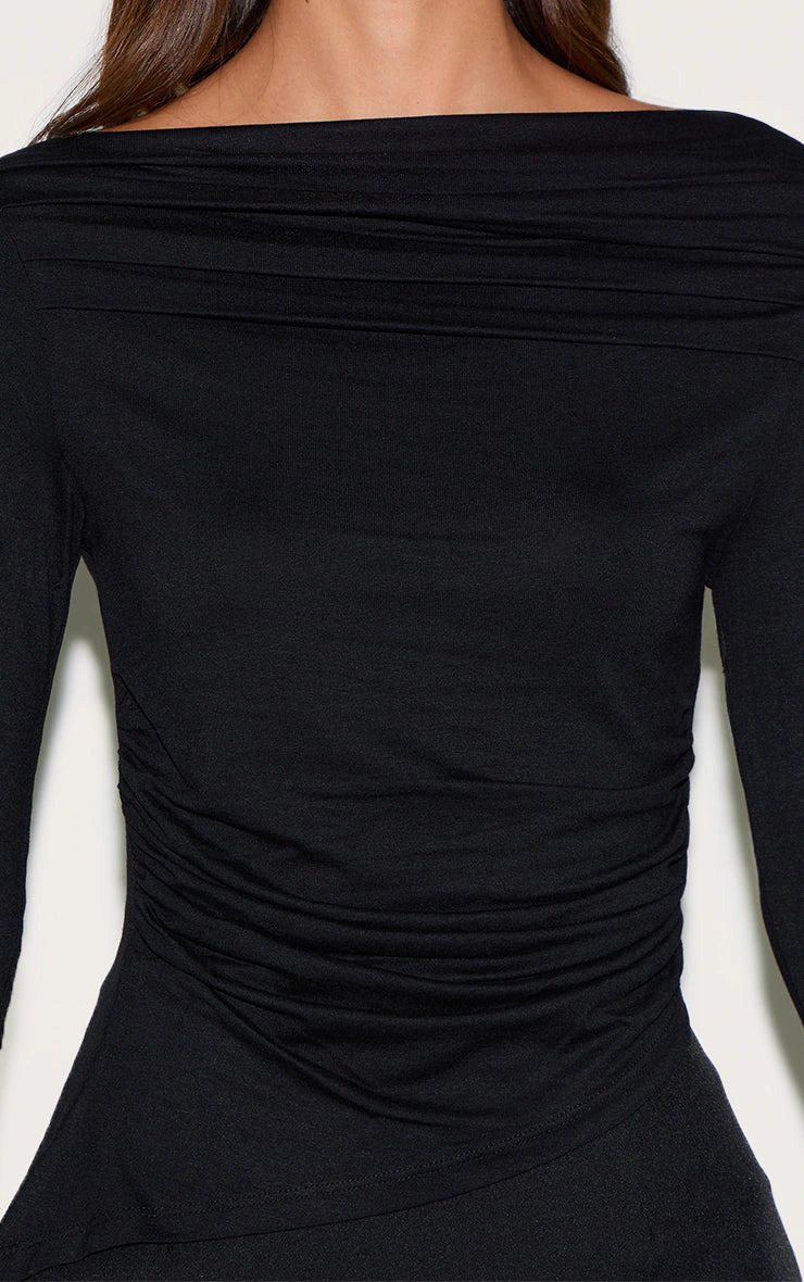 Black Ruched Detail Asymmetric Hem Long Sleeve Top