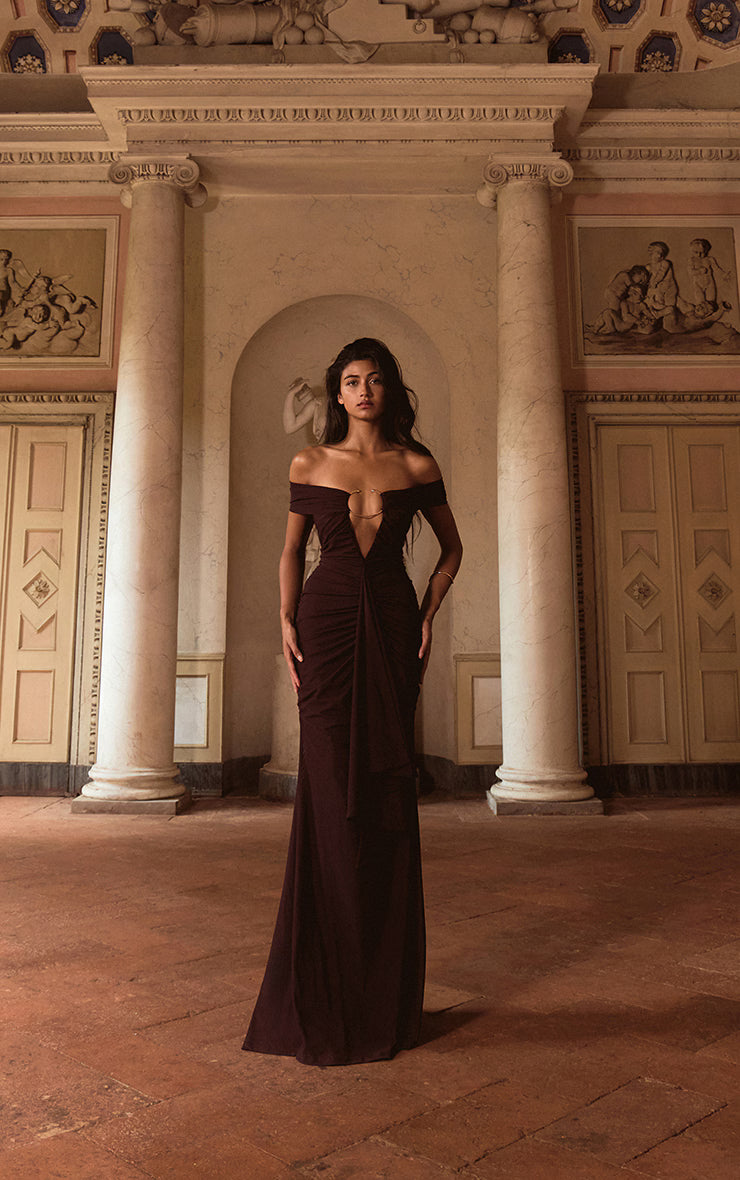 PLT Label Mulberry Mesh Trim Detail Fishtail Maxi Dress
