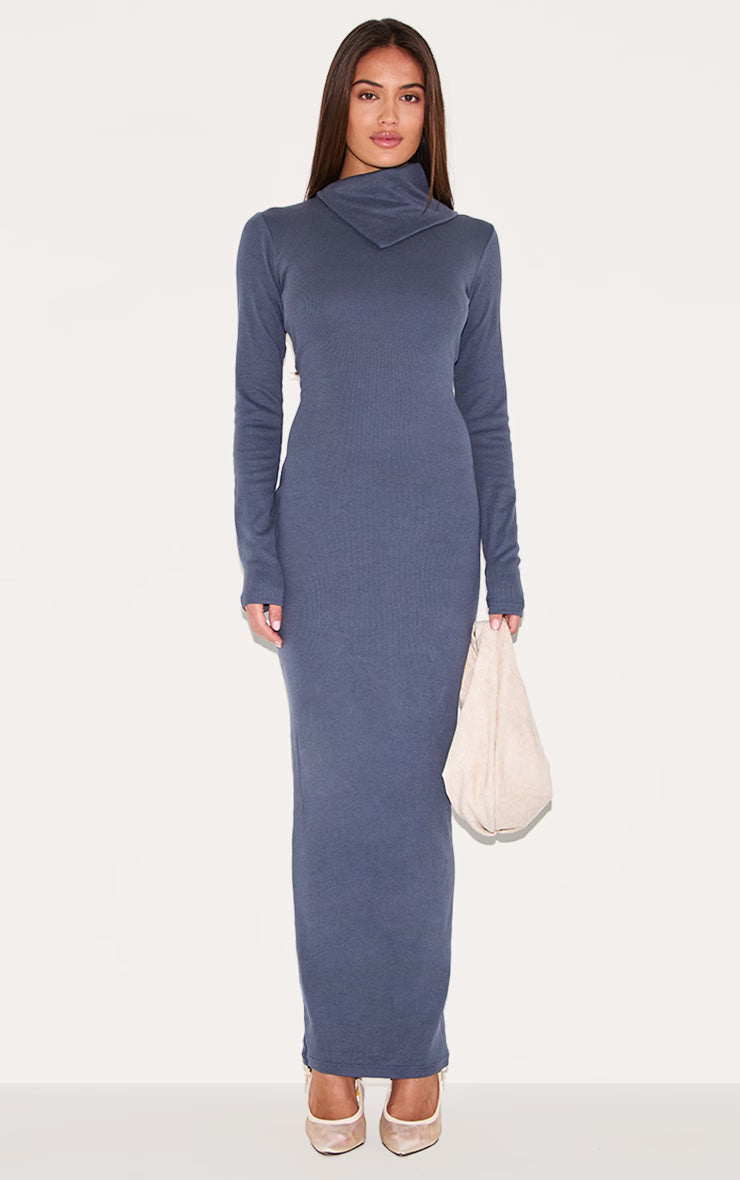 Navy Rib Oversized Collar Maxi Dress