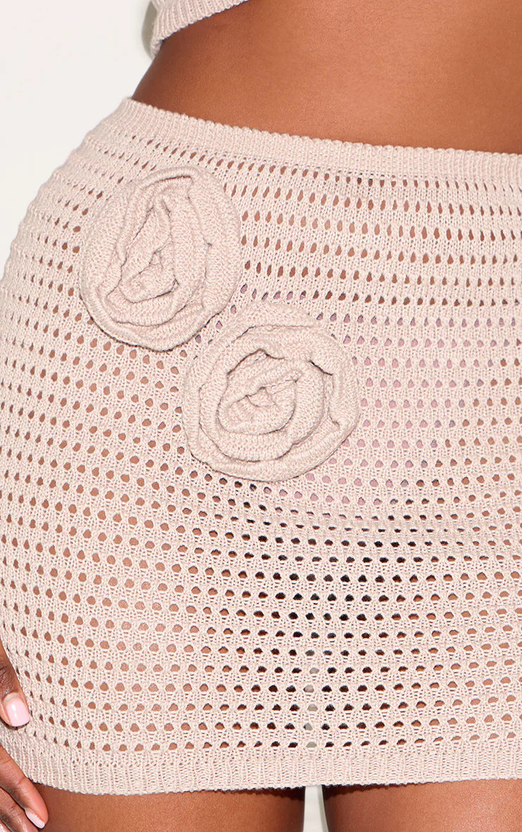 Taupe Flower Applique Crochet Mini Skirt