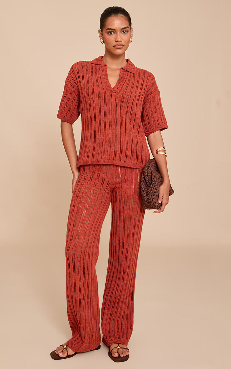 Rust Crochet Rugby Knit Top
