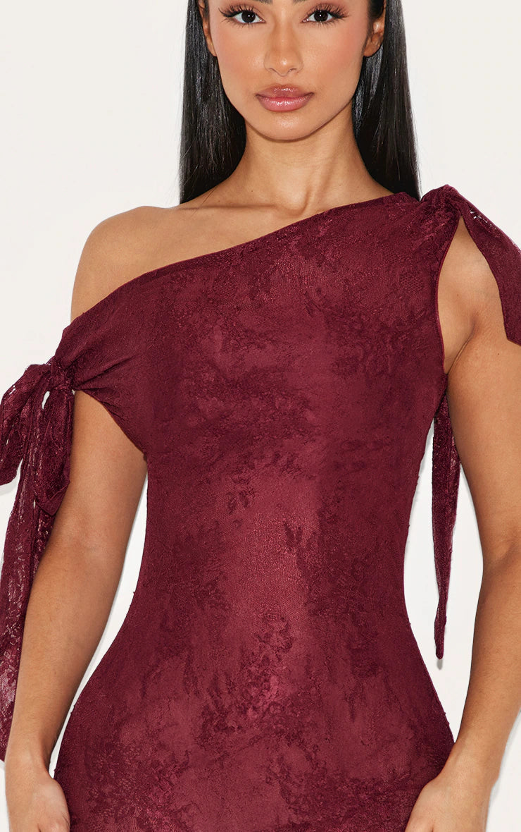 Petite Burgundy Lace Tie Detail Bodycon Mini Dress
