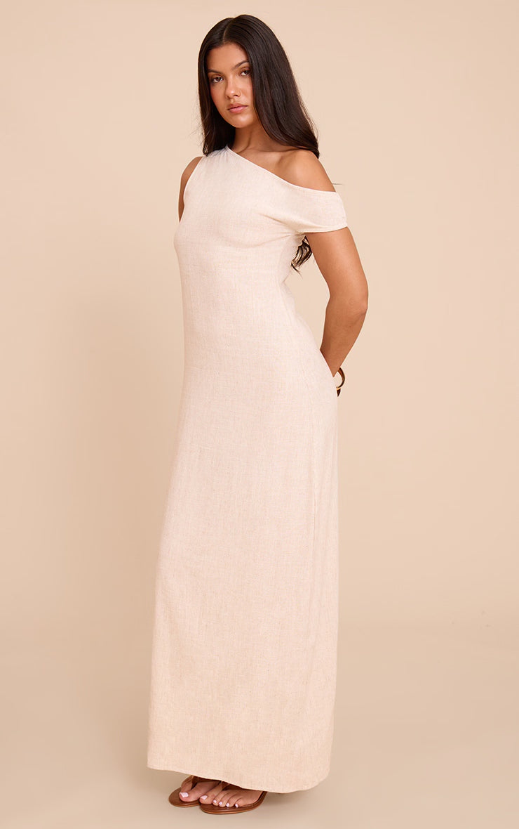Natural Textured Woven Asymmetric One Shoulder Maxi Dress