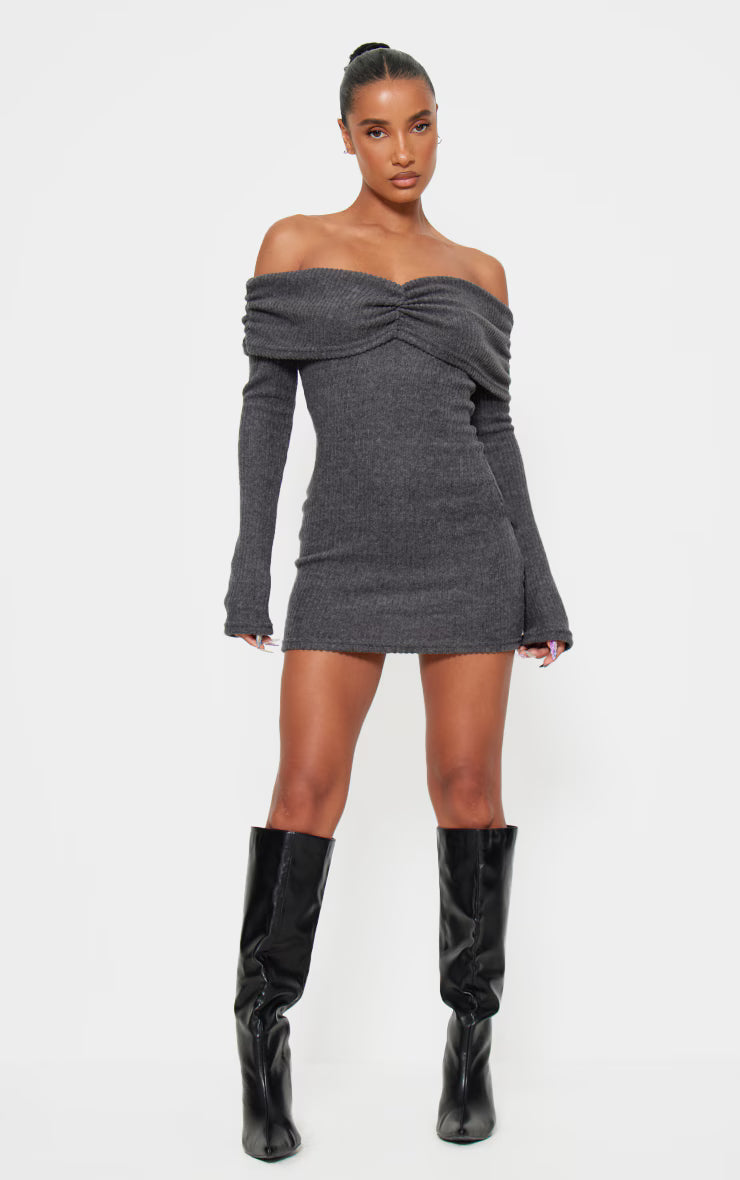 Grey Brushed Rib Bardot Long Sleeve Bodycon Dress
