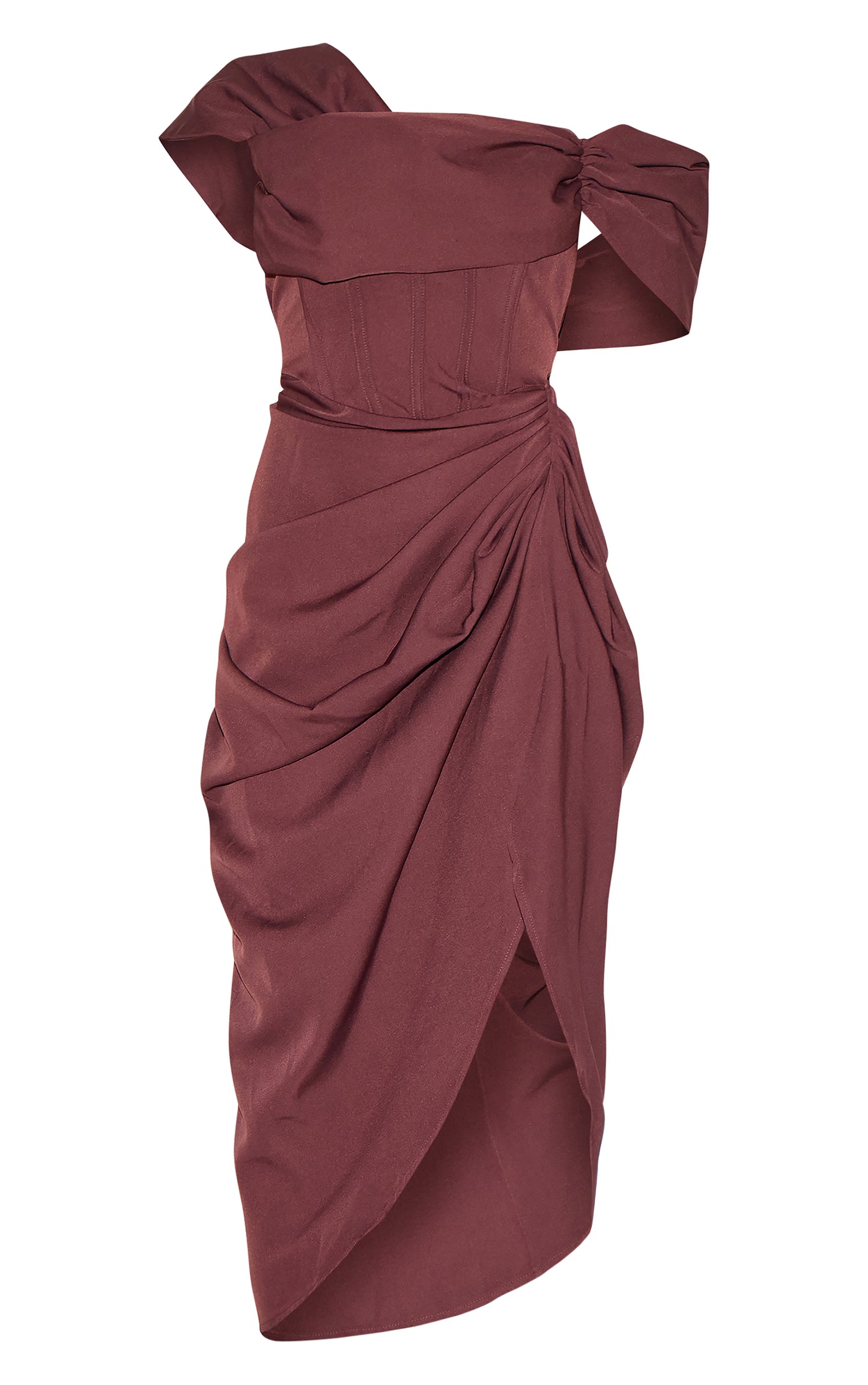 Chocolate Corset Bardot Draped Midi Dress