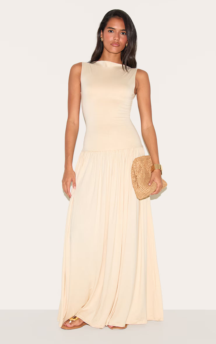 Almond Double Layer Jersey Dropped Waist Maxi Dress