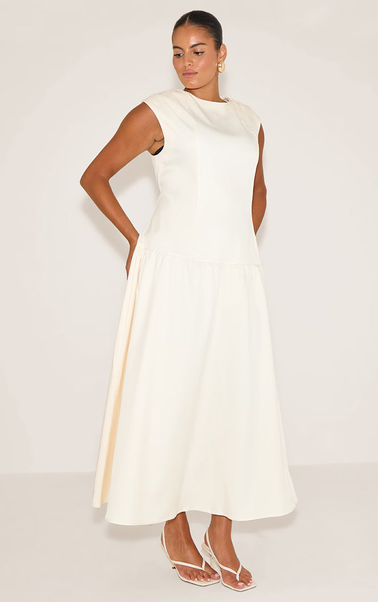 Plus Cream Woven Boat Neck Dropped Waist Maxi Dress