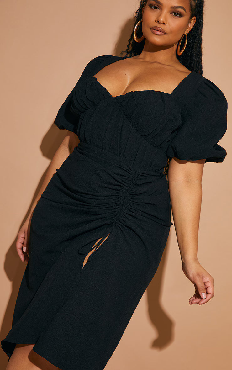Plus Black Puff Sleeve Ruched Split Side Midi Dress