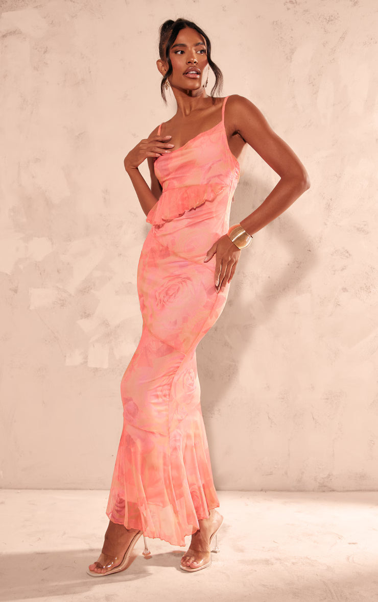 Pink Printed Mesh Frill Cowl Back Maxi Dress