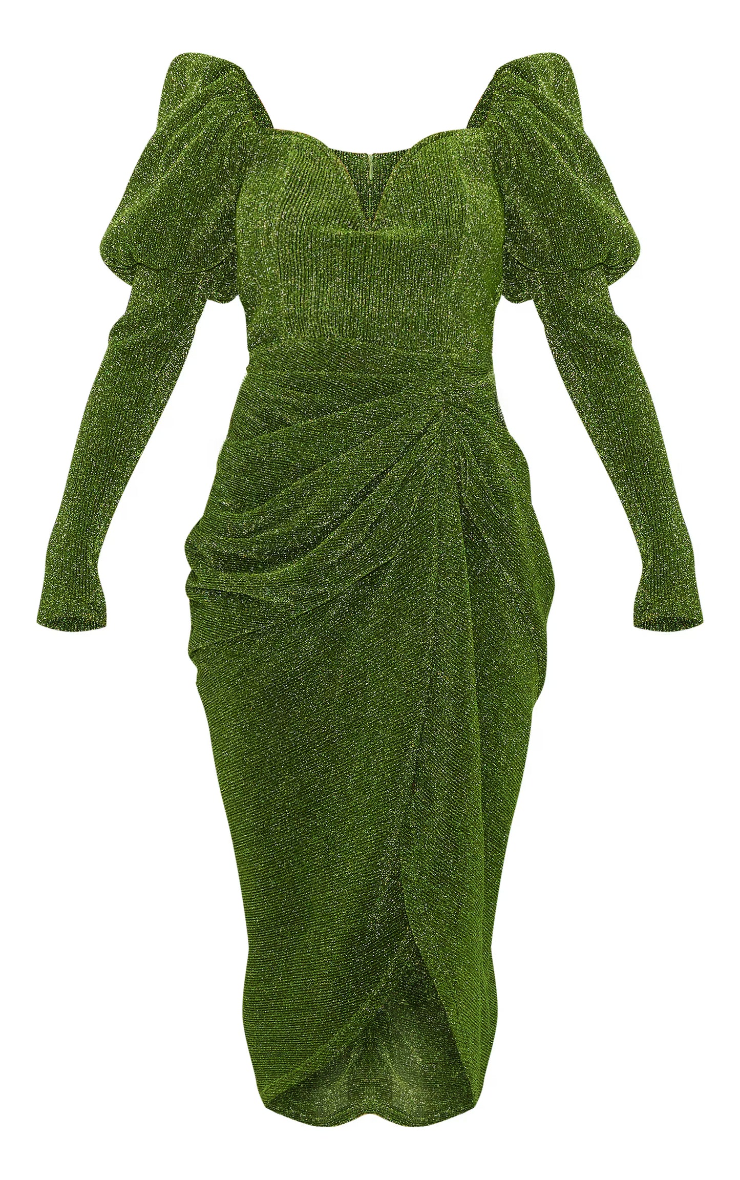 Green Glitter Plisse Puff Sleeve V Bar Draped Midi Dress