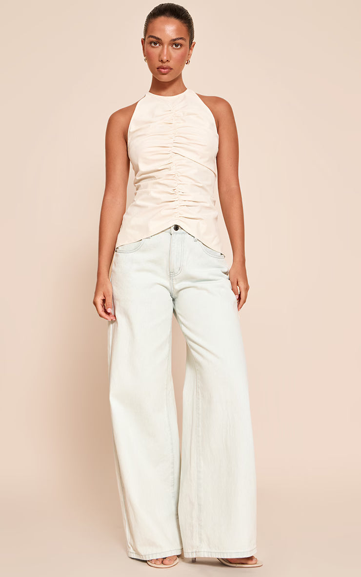 Cream Ruched Detail High Neck Longline Top