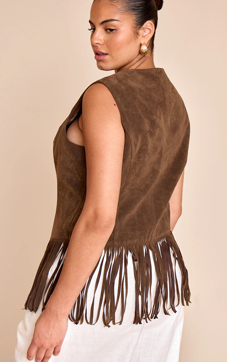 Plus Light Brown Faxu Suede Tassel Vest