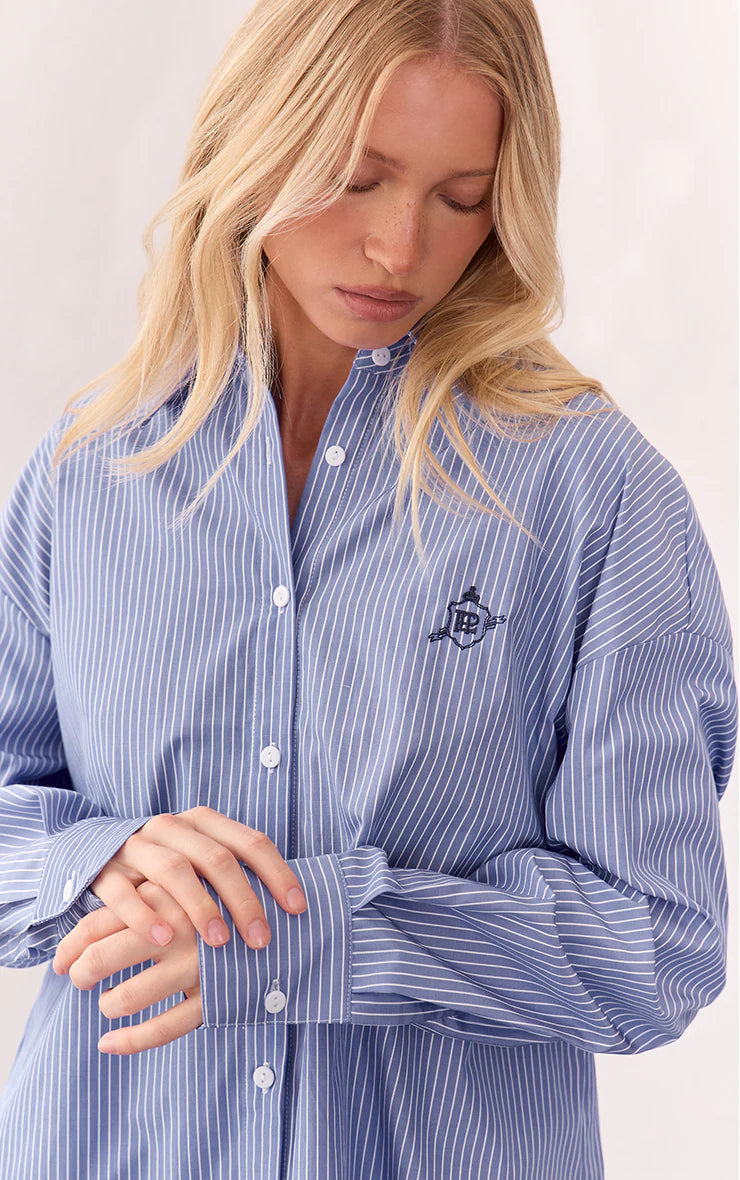 Blue Embroidered Striped Linen Long Sleeve Shirt