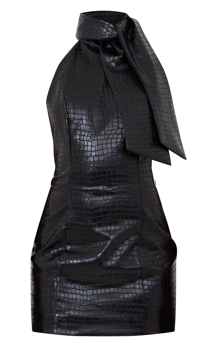 Black Croc PU Bow Detail Bodycon Dress